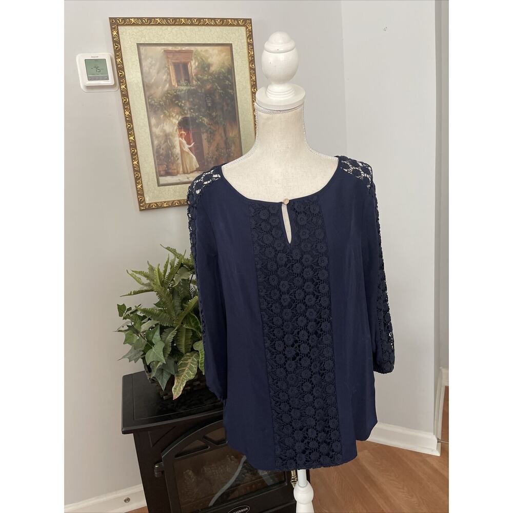Women's DANA BUCHMAN XL 3/4‎ Elastic Sleeve Medium Navy Blue Lace Front